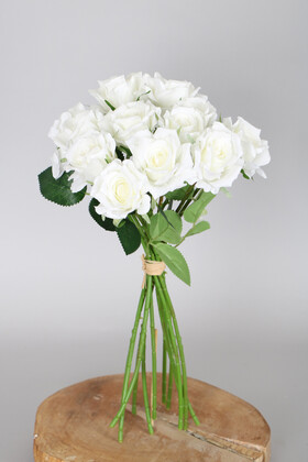 Yapay Çiçek Deposu - 12li Lüx Gül Buketi 40 cm Beyaz