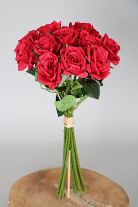 Yapay Çiçek Deposu - 12li Lüx Gül Buketi 40 cm Kırmızı
