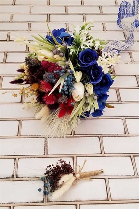 Yapay Çiçek Deposu - Maori Saks Mavi Güller ve Kuru Çiçek Şöleni Gelin Buketi 2li Set