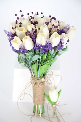 Yapay Çiçek Deposu - Gelin Buketi Zovala Beyaz Islak Lale Morlu Gelin Buketi 2li Set