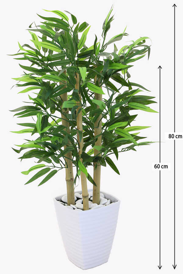 3 Gövdeli Yapay Bambu Ağacı (Beyaz Melamin Saksıda)