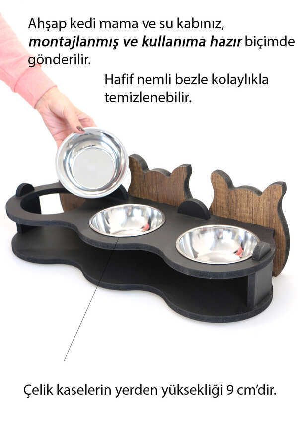 celik kaseli ahsap 3lu kedi mama ve su kabi hobi yapay cicek deposu