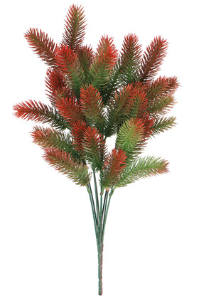 Yapay Çiçek Deposu - 9 Dal Büyük Dikenli Çam Ara Dal Bitki Demeti 43 cm Yeşil-Kızıl