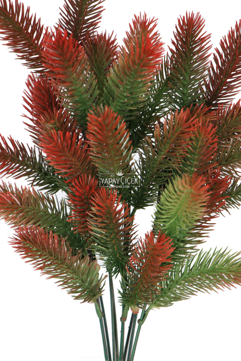 9 Dal Büyük Dikenli Çam Ara Dal Bitki Demeti 43 cm Yeşil-Kızıl