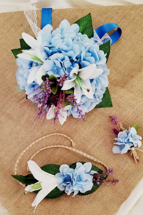 Yapay Çiçek Deposu - Gelin Buketi Mavi Ortanca Şöleni 3lü Set
