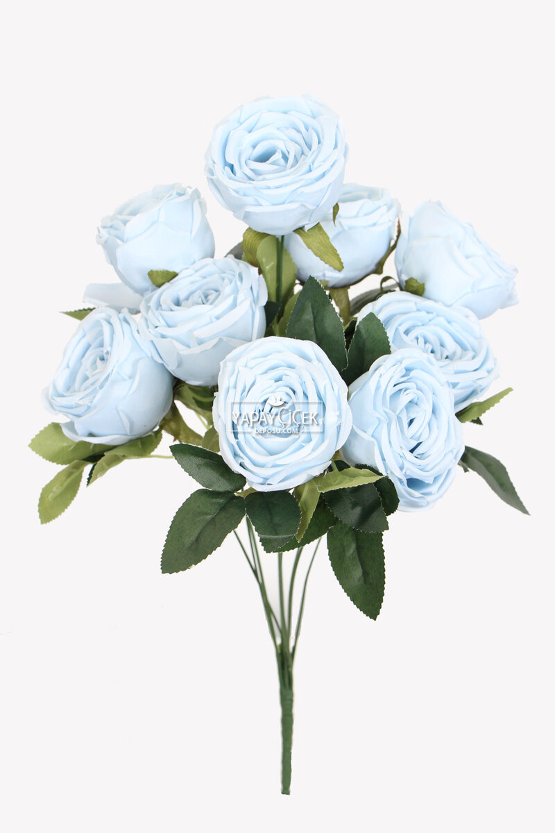 Yapay Çiçek 9lu Kat Kat Gül Demeti 42 cm Açık Mavi