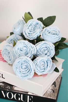 Yapay Çiçek Deposu - Yapay Çiçek 9lu Kat Kat Gül Demeti 42 cm Açık Mavi