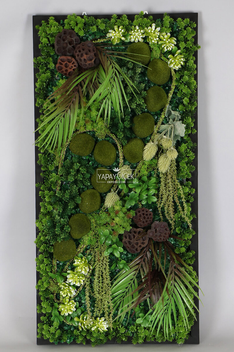 Ahşap Panoda Bitki Duvar Taş Yosun Bahçesi Tablo 50 cm x 100 cm