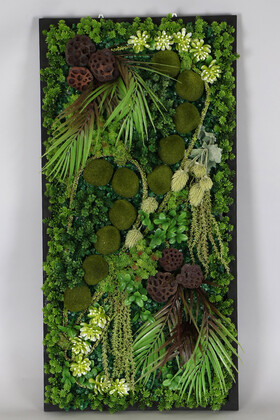 Yapay Çiçek Deposu - Ahşap Panoda Bitki Duvar Taş Yosun Bahçesi Tablo 50 cm x 100 cm