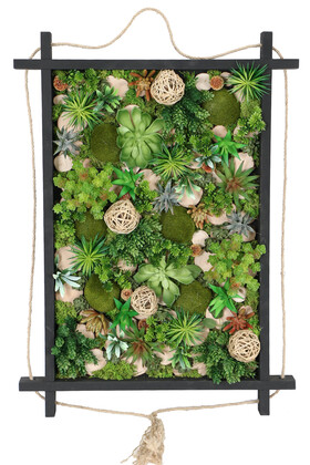 Yapay Çiçek Deposu - Ahşap Panoda Bitki Duvar Sukulent Bahçesi Tablo 54 cm x 74 cm