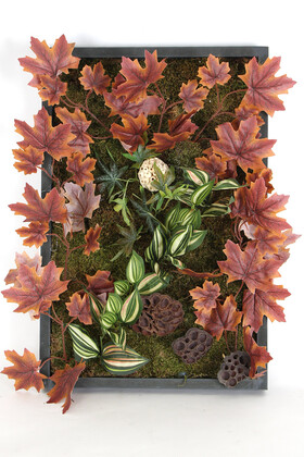 Yapay Çiçek Deposu - Ahşap Panoda Yapay Bitki Duvar Tablo Hazan Serisi 40 cm x 60 cm