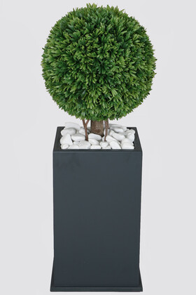 Yapay Çiçek Deposu - Ahşap Saksıda Yapay Tek Top Şimşir Defne Ağaç 110 cm
