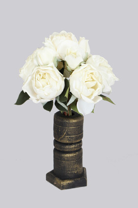 Yapay Çiçek Deposu - Ahap Vazolu 10lu Kuru Model Tomurcuklu Gül Buketi 33 cm Kırık Beyaz