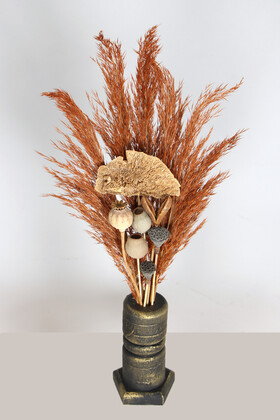 Pampas ve Egzotik Kuru Çiçek Lüx Siyah-Gold Ahşap Vazoda 42 cm - 2