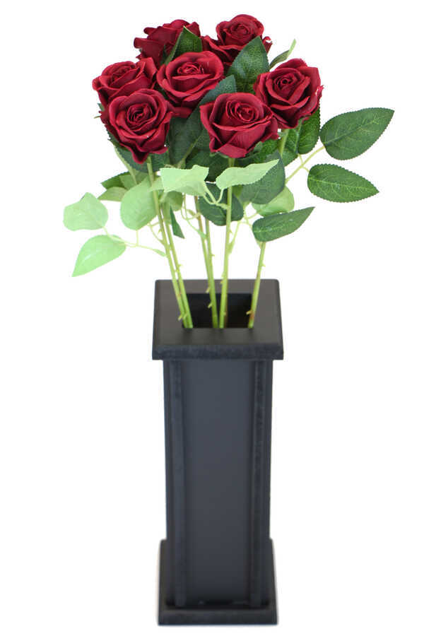 Ahşap Vazoda Yapay 7li Kadife Gül Dalı 50 Cm Bordo