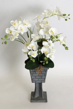 Yapay Çiçek Deposu - Vintage Ahşap Vazoda Mini Yapay Islak Orkide Tanzimi 60 cm Beyaz