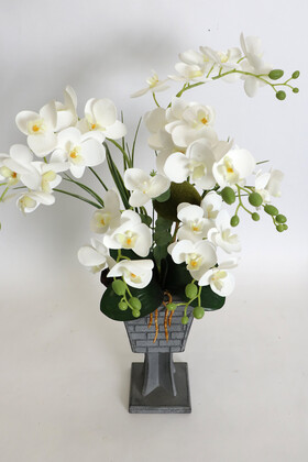 Vintage Ahşap Vazoda Mini Yapay Islak Orkide Tanzimi 60 cm Beyaz - Thumbnail