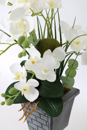 Vintage Ahşap Vazoda Mini Yapay Islak Orkide Tanzimi 60 cm Beyaz - Thumbnail