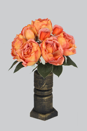 Yapay Çiçek Deposu - Ahap Vazolu 10lu Kuru Model Tomurcuklu Gül Buketi 33 cm Turuncu