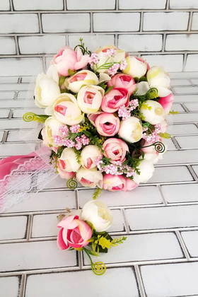 Yapay Çiçek Deposu - Akalia Gelin Buketi Şakayık Güller Pembe Beyaz Pastel Tonlar 2li Set