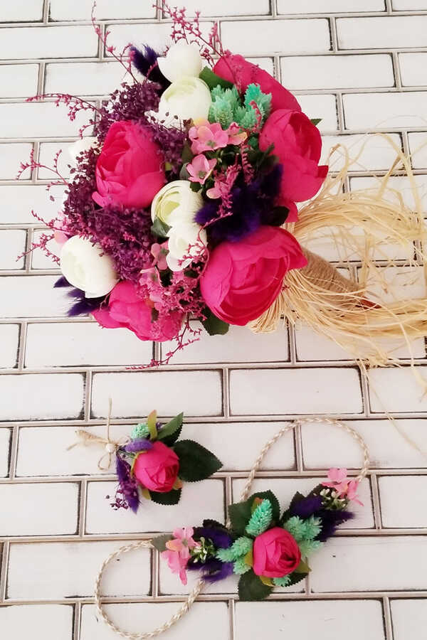 Arete Kuru Çiçek Gelin Buketi 3lü Set
