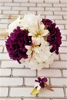 Yapay Çiçek Deposu - Armonia Lilyum Ortanca Gelin Buketi Mor - Beyaz 2li Set