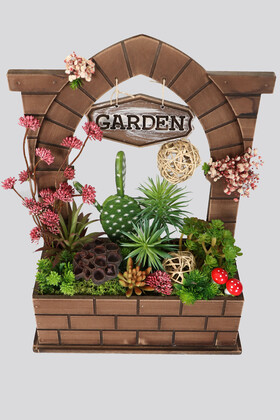 Ahşap Saksıda Yapay Botanik Bahçesi Sukulent Model - Thumbnail