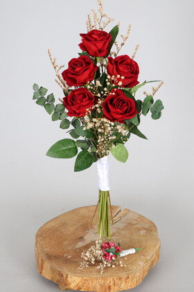 Yapay Çiçek Deposu - Tek Yönlü Cipsolu Kırmızı Kadife Gül Gelin Buketi 2li Set Portola