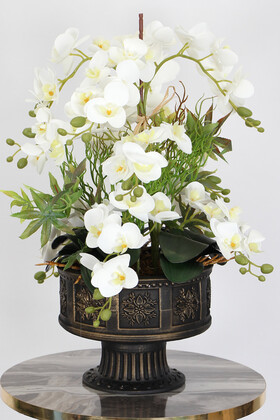 Yapay Çiçek Deposu - Vintage Kabartmalı Saksıda Yapay 12 Dal Orkide Tanzimi 50 cm Ottoman