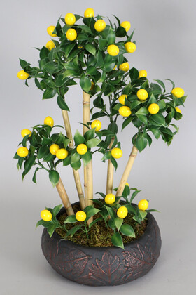Yapay Çiçek Deposu - Vintage Kabartmalı Saksıda Bambulu Yapay Limon Tanzimi 45 cm