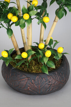 Vintage Kabartmalı Saksıda Bambulu Yapay Limon Tanzimi 45 cm - Thumbnail