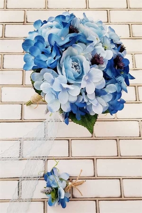 Yapay Çiçek Deposu - Belen Mavi Ortanca İpek Güller Çilek Şöleni Gelin Buketi 2li Set