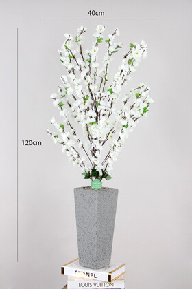 Beton Dokulu Ahşap Saksıda Yapay Bahar Dalı Ağacı Beyaz 120 cm - 3