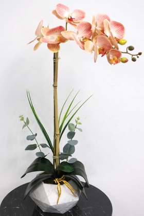 Yapay Çiçek Deposu - Beton Geometrik Saksıda Tekli Yapay Islak Orkide Kavuniçi