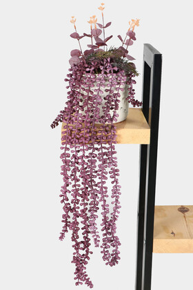 Yapay Çiçek Deposu - Beton Saksıda Okaliptuslu Sarkan Tesbih Çiçeği 50 cm Kızıl