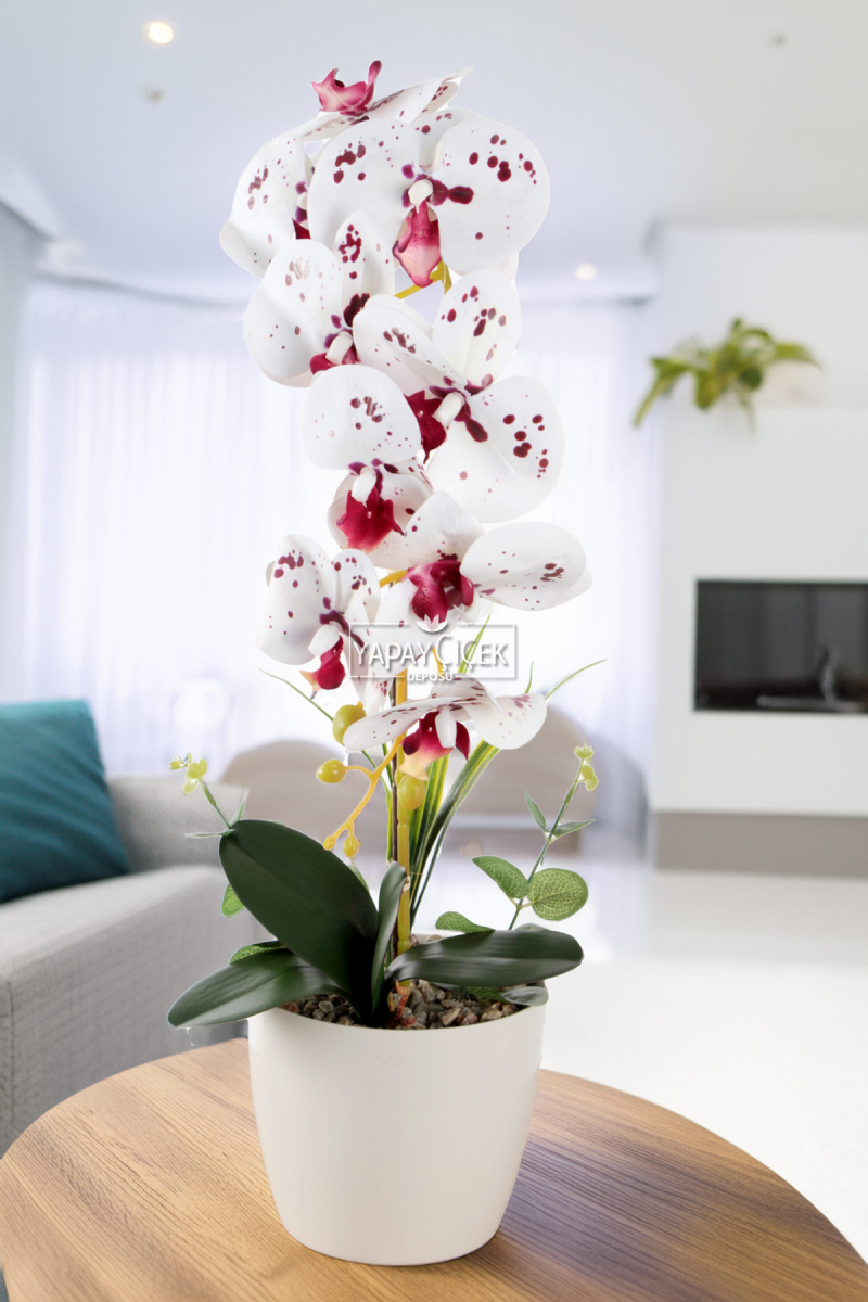 Saksıda Yapay Baskılı Islak Orkide 55 Cm Bordo Benekli