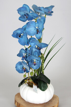 Yapay Çiçek Deposu - Büyük Kabak Saksıda Kaliteli Yapay Orkide Tanzimi Deniz Mavisi
