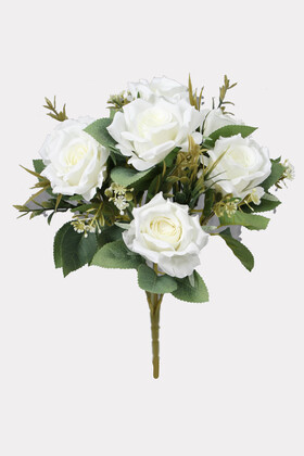 Yapay Çiçek Deposu - Gerçek Görünümlü Yapay Rosa Gallica Frenk Gül Demeti Beyaz