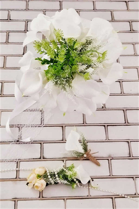 Yapay Çiçek Deposu - Islak Gala Gelin Buketi 3lü Set Beyaz