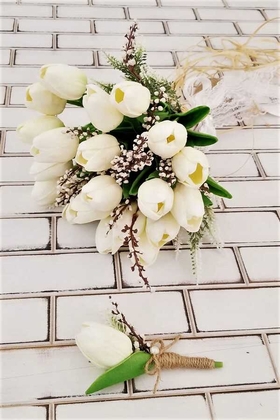 Yapay Çiçek Deposu - Gelin Buketi Beyaz Islak Lale 2li Set