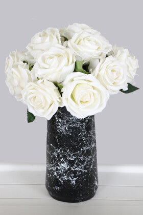 Yapay Çiçek Deposu - Mermer Desenli Siyah Vazoda 15li İri Beyaz Kadife Gül Tanzimi 30 cm