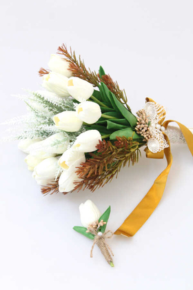 Yapay Çiçek Deposu - Gelin Buketi İperion 2li Set(Beyaz Islak Lale)