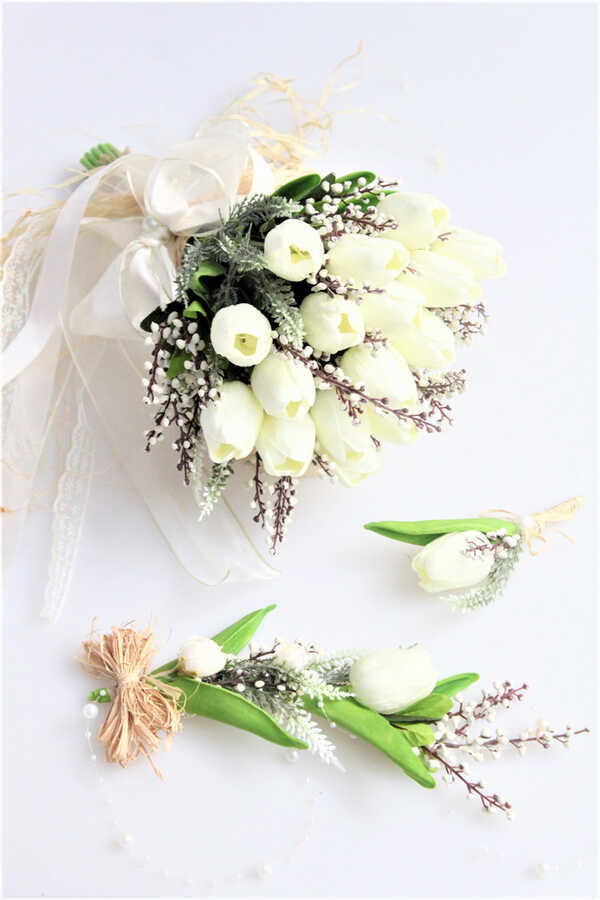 Islak Lale Gelin Çiçeği 3lü Set Beyaz