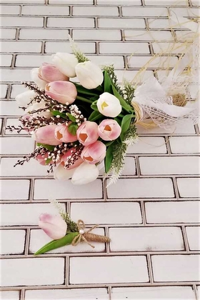 Yapay Çiçek Deposu - Islak Lale Gelin Çiçeği 2li Set Beyaz- Pembe