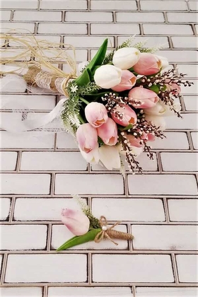 Islak Lale Gelin Çiçeği 2li Set Beyaz- Pembe - Thumbnail