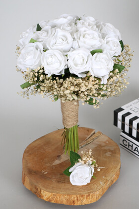 Yapay Çiçek Deposu - 16 Kadife Güllü Gelin Buketi 2li Set Beyaz Tulare