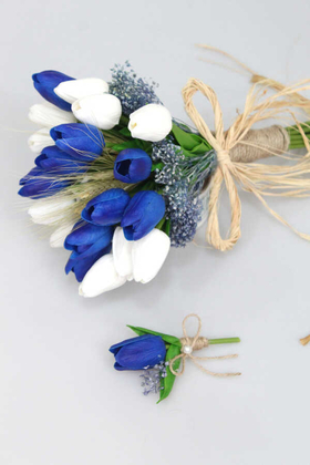 Gonca Islak Lale Gelin Çiçeği 2li Set Beyaz-Saks Mavi - Thumbnail