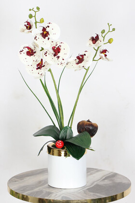 Yapay Çiçek Deposu - Mini Metal Beyaz Gold Saksıda Yapay Islak Orkide Tanzimi 55 cm Beyaz Benekli
