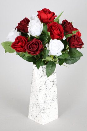 Yapay Çiçek Deposu - 15 Güllü Mermer Desen Beyaz Prizmatik Vazoda Yapay Kadife Gül Tanzimi Angels