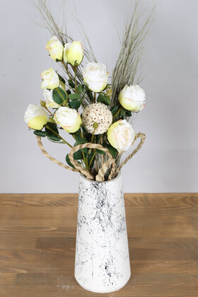 Yapay Çiçek Deposu - Mermer Desenli Büyük Vazoda Yapay Tomurcuklu Kuru Gül Aranjmanı Beyaz
